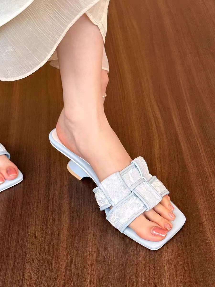 French Retro Print High Heeled Mules – Square Toe