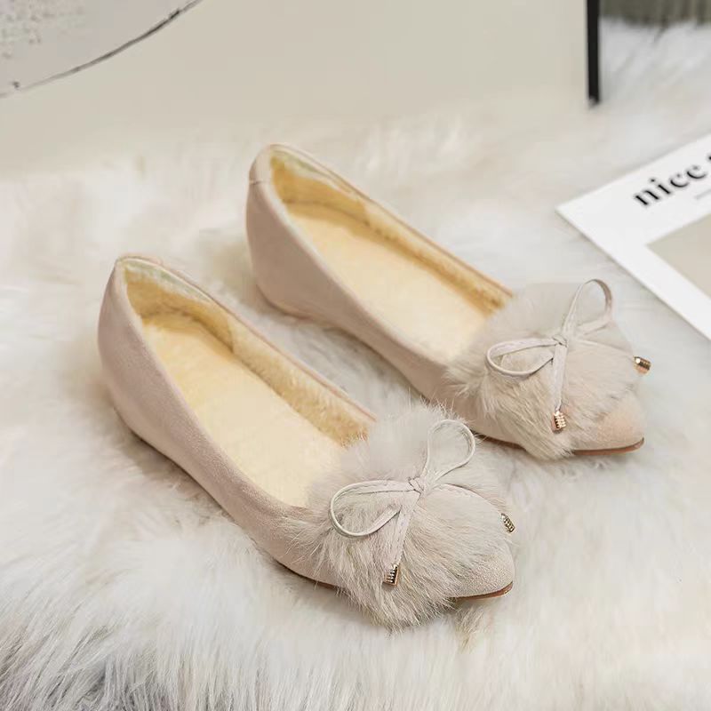 Cozy Faux Fur Flats with Bow – Winter Indoor/Outdoor Slip-ons