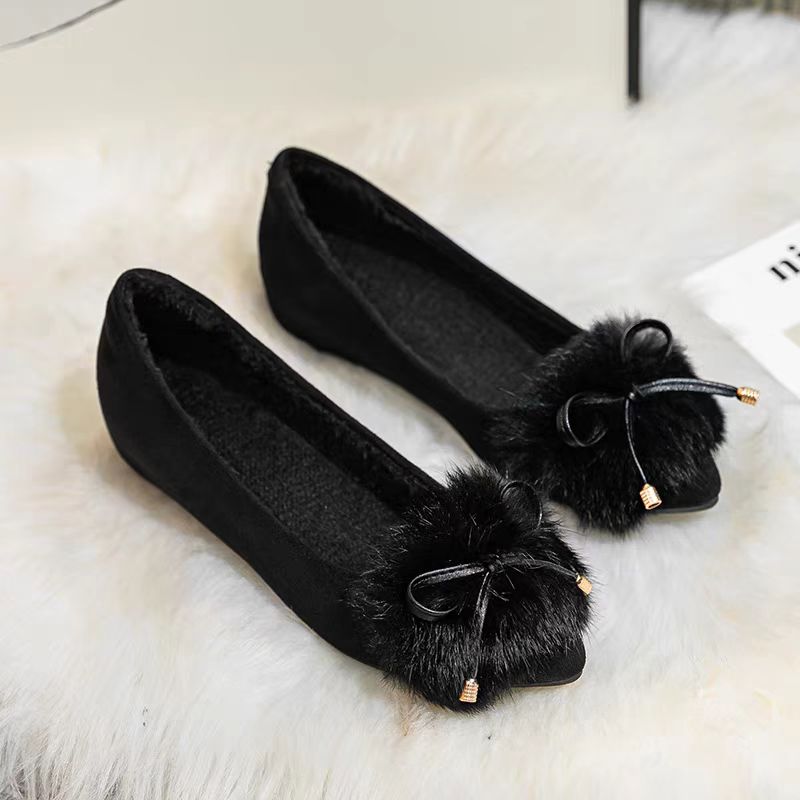 Cozy Faux Fur Flats with Bow – Winter Indoor/Outdoor Slip-ons