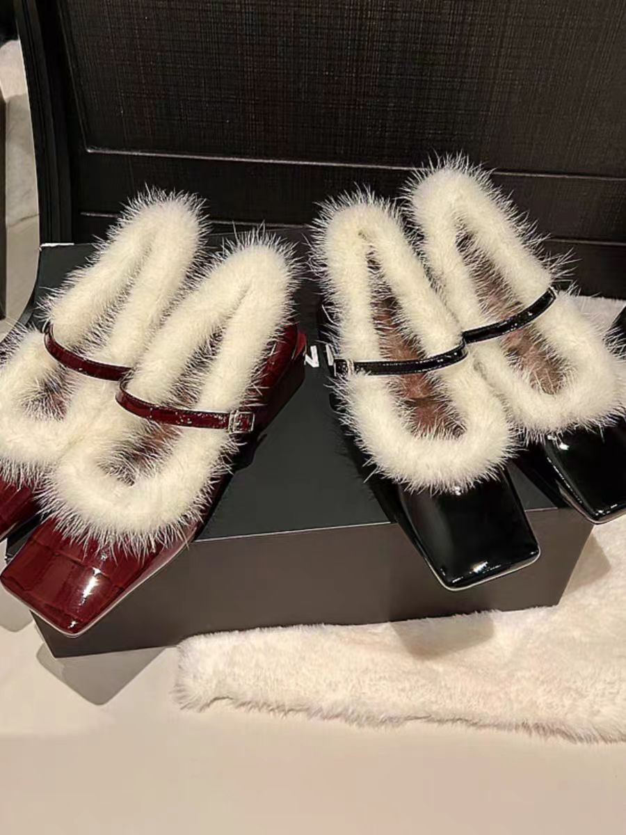 Faux Fur Edge Loafers – Retro Square Toe Slip-Ons
