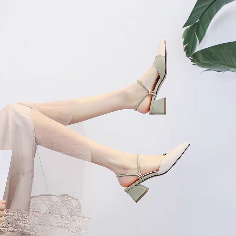 Color Block Chunky Heel Sandals – Stylish Mid-Heel Slingback for Women