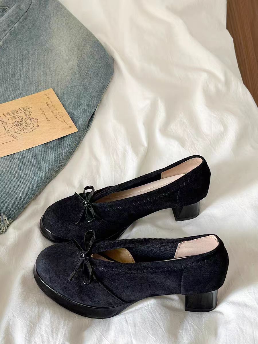 Retro Bow Platform High Heels – Chunky Heel Pumps for Elegant Women