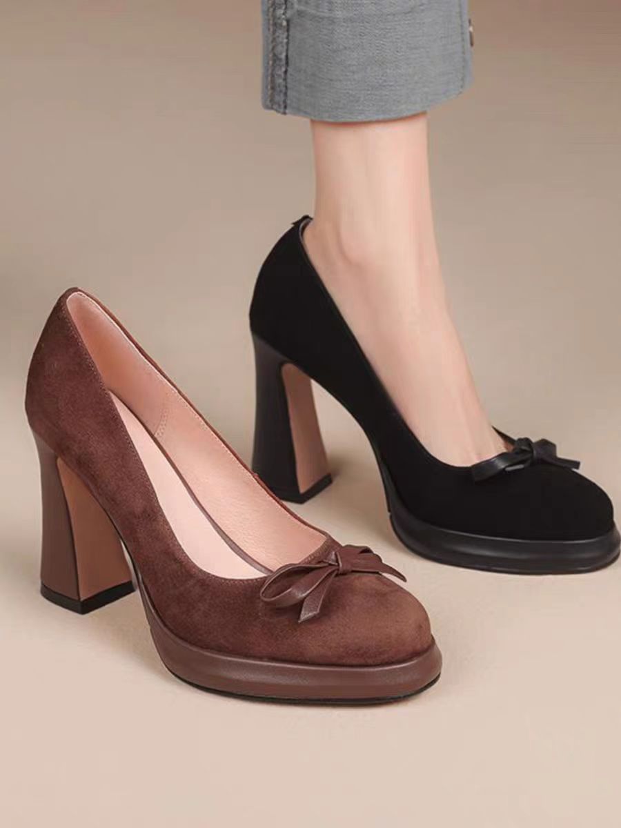 Retro Bow Platform High Heels – Chunky Heel Pumps for Elegant Women