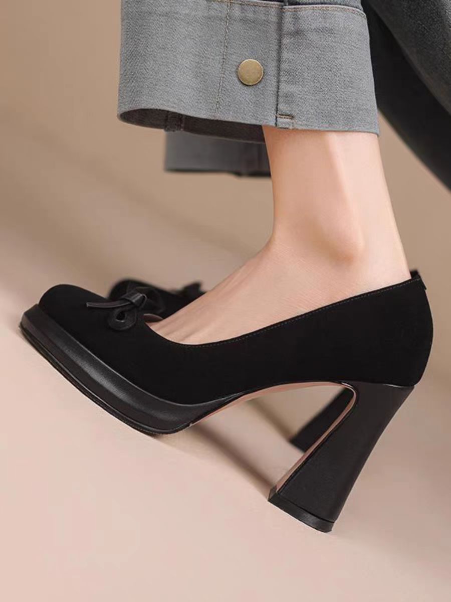 Retro Bow Platform High Heels – Chunky Heel Pumps for Elegant Women