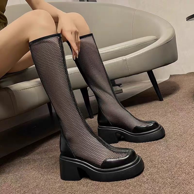 Wholesale Knee-High Mesh Boots with Chunky Heel