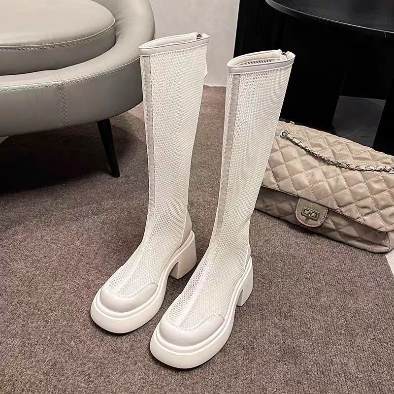 Wholesale Knee-High Mesh Boots with Chunky Heel