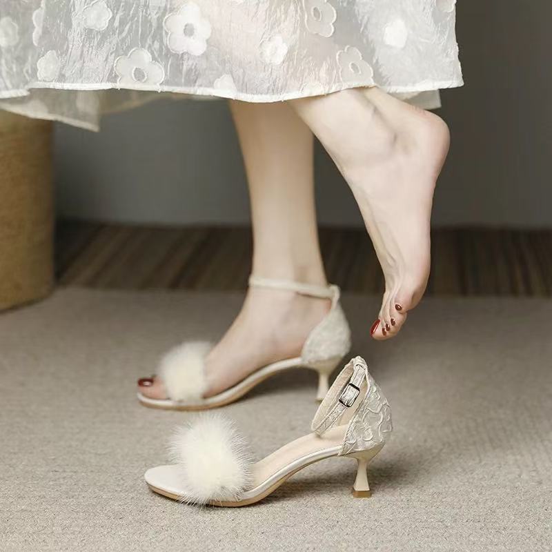 Elegant Fluffy Strap Sandals – Women’s Open Toe Summer Heels