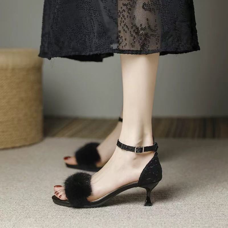 Elegant Fluffy Strap Sandals – Women’s Open Toe Summer Heels