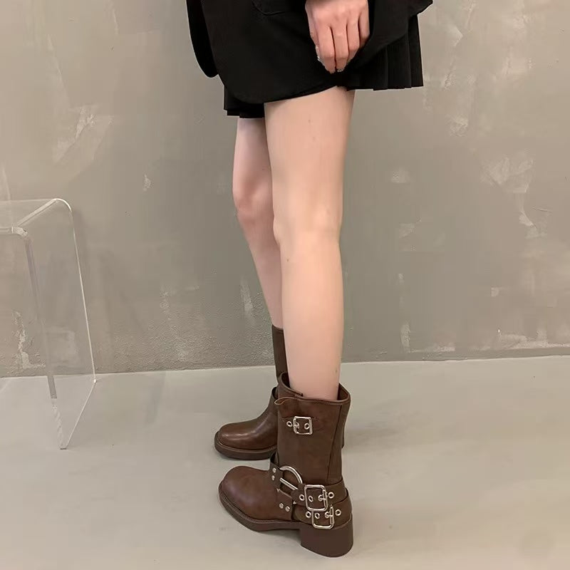 Wholesale Women’s Biker Boots with Metal Buckles | Fashion Mid-Calf Boots
