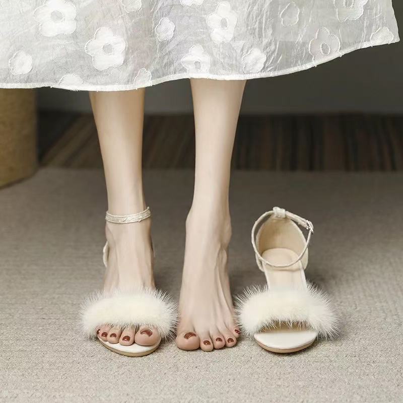 Elegant Fluffy Strap Sandals – Women’s Open Toe Summer Heels