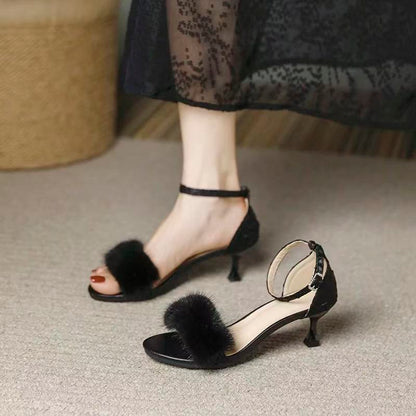 Elegant Fluffy Strap Sandals – Women’s Open Toe Summer Heels