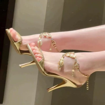 Elegant High Heel Sandals with Decorative Chains