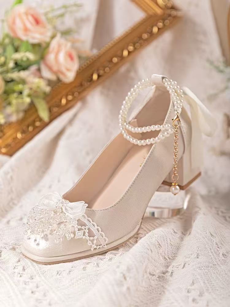 Pearl Ankle Strap Bridal Shoes – Elegant Block Heel Wedding Pumps
