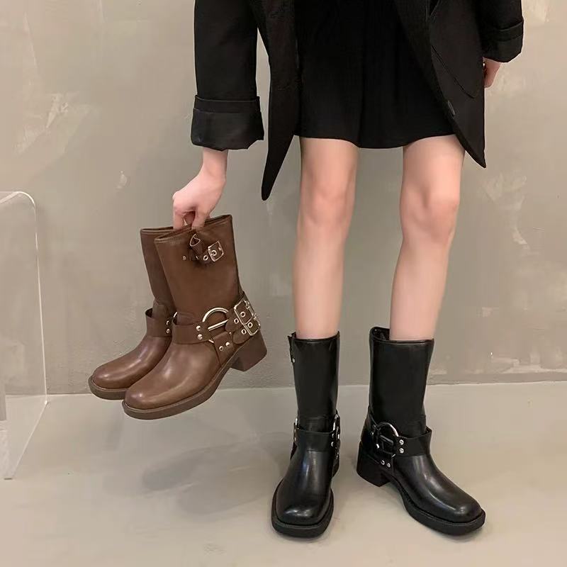 Wholesale Women’s Biker Boots with Metal Buckles | Fashion Mid-Calf Boots