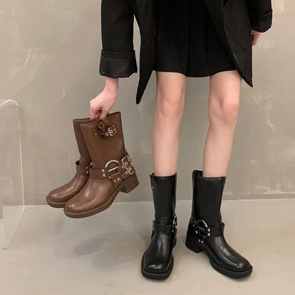 Wholesale Women’s Biker Boots with Metal Buckles | Fashion Mid-Calf Boots