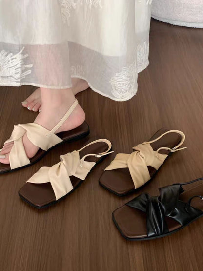 Elegant Bowknot Flat Sandals – Soft Beige Summer Slides for Women