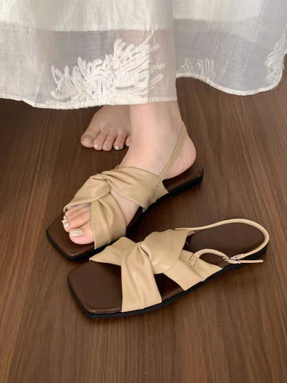 Elegant Bowknot Flat Sandals – Soft Beige Summer Slides for Women