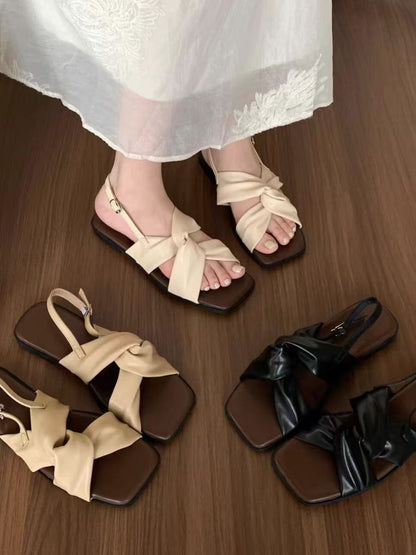 Elegant Bowknot Flat Sandals – Soft Beige Summer Slides for Women