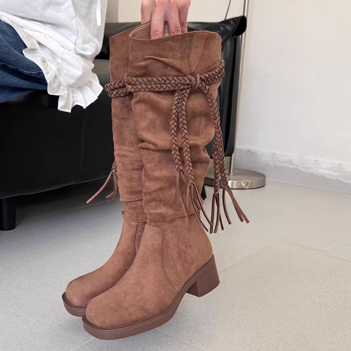 Rustic Brown Suede Knee-High Boots with Braided Fringe Belt