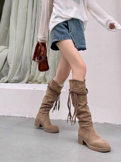 Rustic Brown Suede Knee-High Boots with Braided Fringe Belt