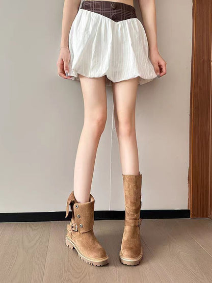 Retro Brown Mid-Calf Biker Boots with Double Buckle Straps