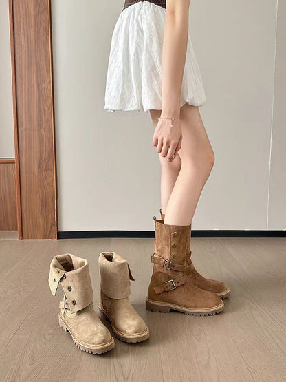 Retro Brown Mid-Calf Biker Boots with Double Buckle Straps