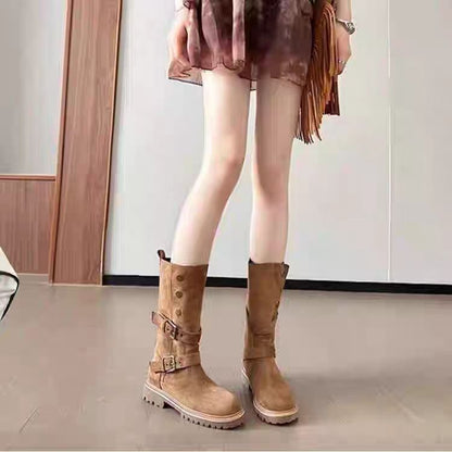 Retro Brown Mid-Calf Biker Boots with Double Buckle Straps