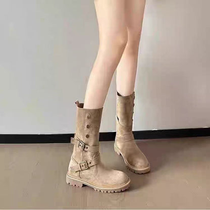 Retro Brown Mid-Calf Biker Boots with Double Buckle Straps