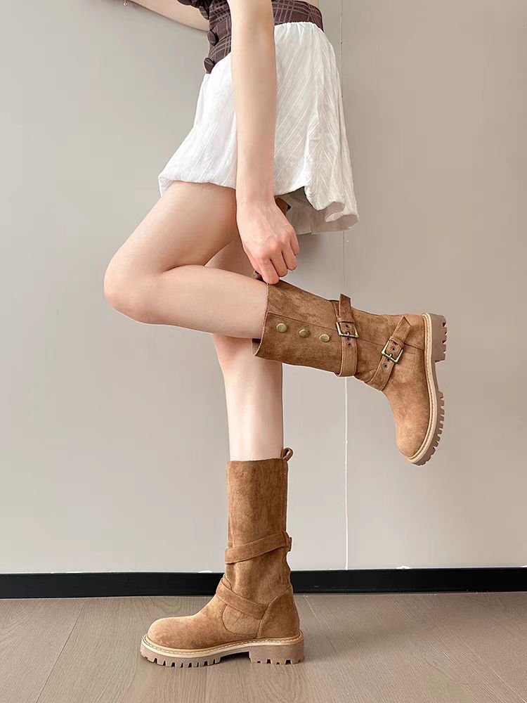Retro Brown Mid-Calf Biker Boots with Double Buckle Straps