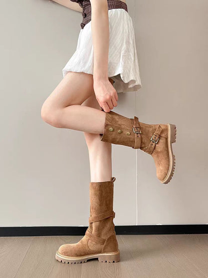 Retro Brown Mid-Calf Biker Boots with Double Buckle Straps