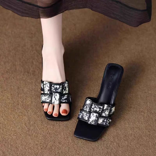 French Retro Print High Heeled Mules – Square Toe