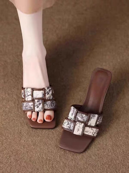 French Retro Print High Heeled Mules – Square Toe