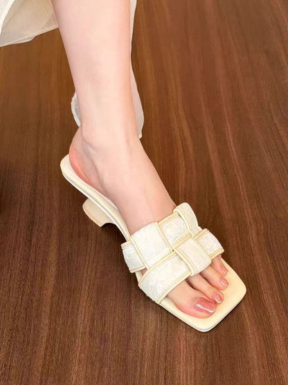 French Retro Print High Heeled Mules – Square Toe