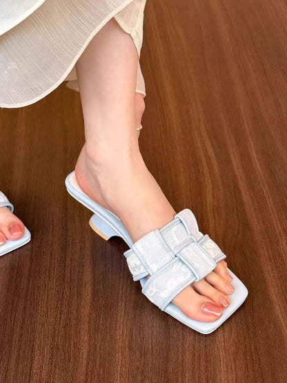 French Retro Print High Heeled Mules – Square Toe