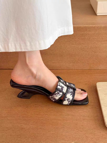 French Retro Print High Heeled Mules – Square Toe