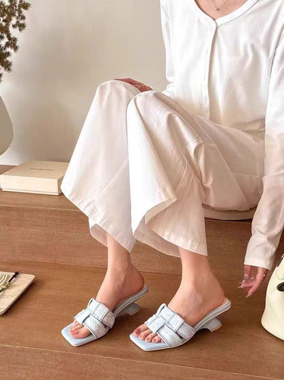 French Retro Print High Heeled Mules – Square Toe