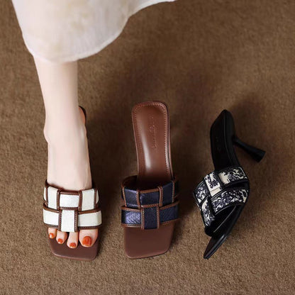 French Retro Print High Heeled Mules – Square Toe