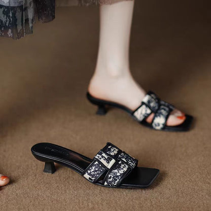 French Retro Print High Heeled Mules – Square Toe
