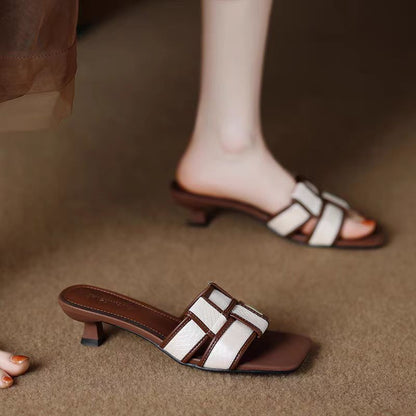 French Retro Print High Heeled Mules – Square Toe