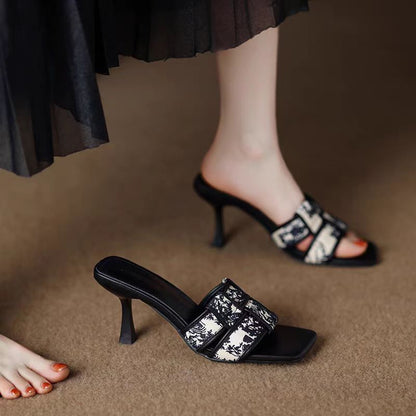 French Retro Print High Heeled Mules – Square Toe