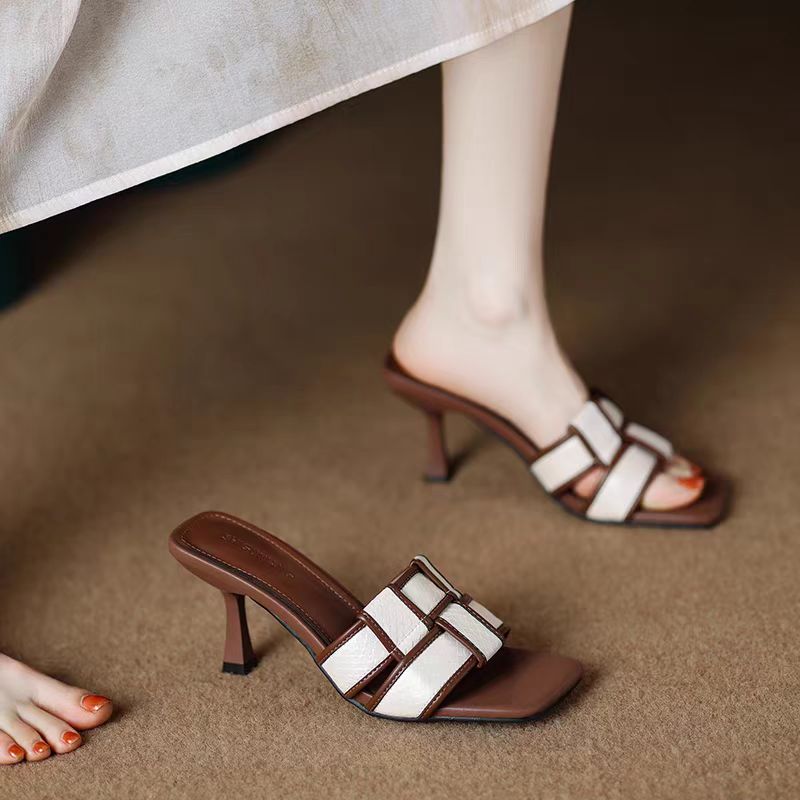 French Retro Print High Heeled Mules – Square Toe