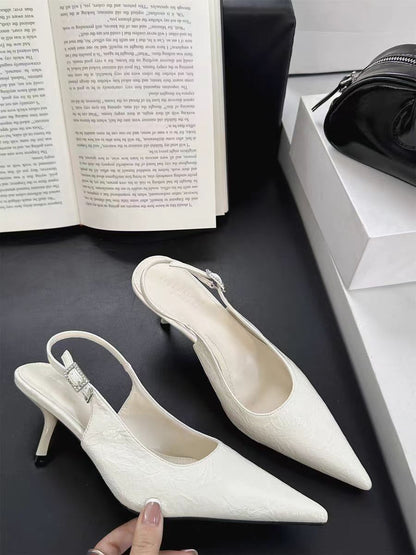 Vintage Embossed White Pointed Slingback Heels │ French-Inspired Workwear Elegance