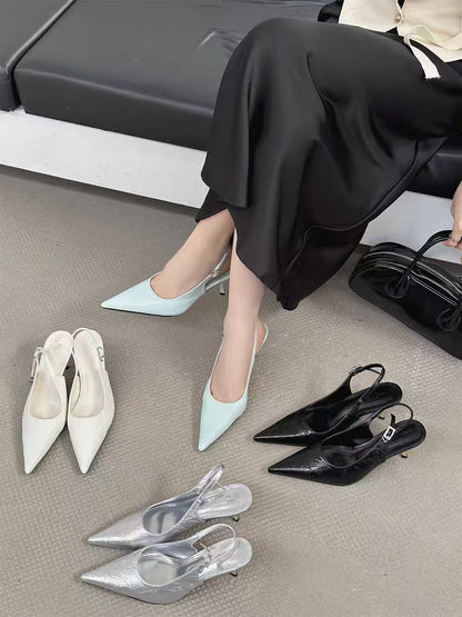 Vintage Embossed White Pointed Slingback Heels │ French-Inspired Workwear Elegance