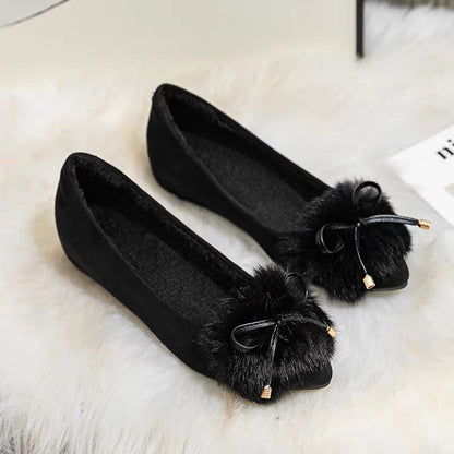 Cozy Faux Fur Flats with Bow – Winter Indoor/Outdoor Slip-ons