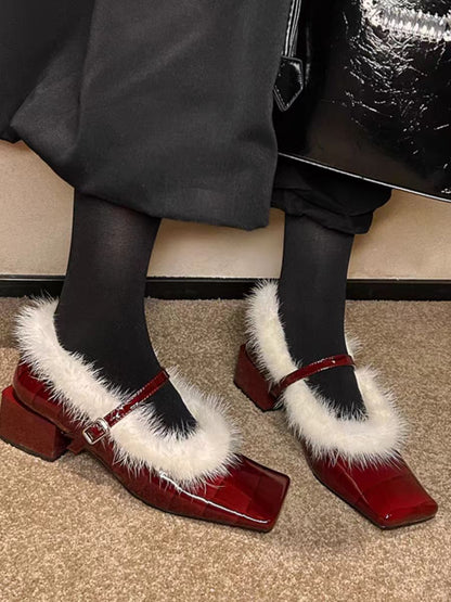 Faux Fur Edge Loafers – Retro Square Toe Slip-Ons
