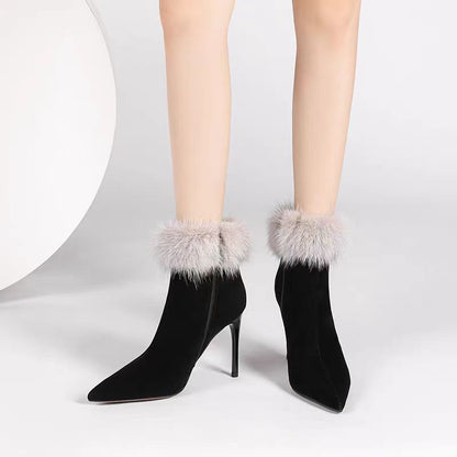 Pointed Toe Fur Ankle Boots – Elegant Winter Heels