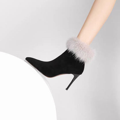 Pointed Toe Fur Ankle Boots – Elegant Winter Heels