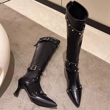Punk Style Knee High Boots – Pointed Toe Rivet Buckle Boots for Women