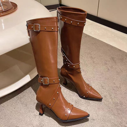 Punk Style Knee High Boots – Pointed Toe Rivet Buckle Boots for Women