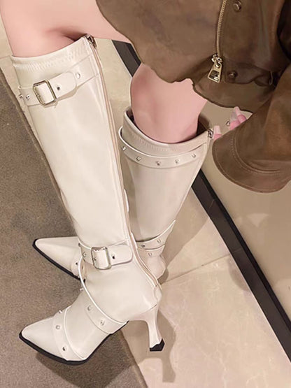 Punk Style Knee High Boots – Pointed Toe Rivet Buckle Boots for Women